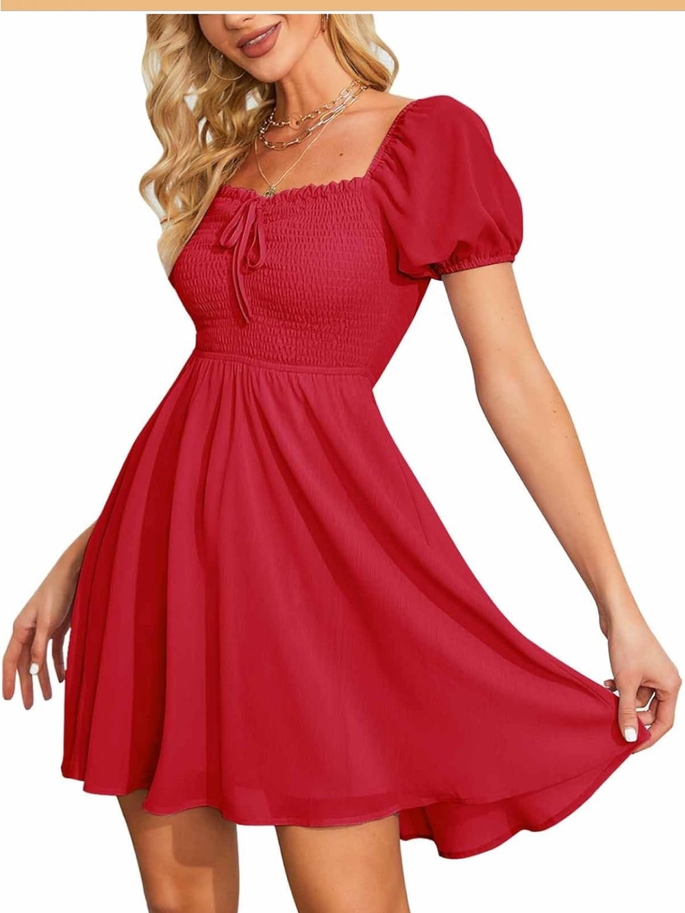 Women’s Red Square-Neck Puff Sleeve Dress